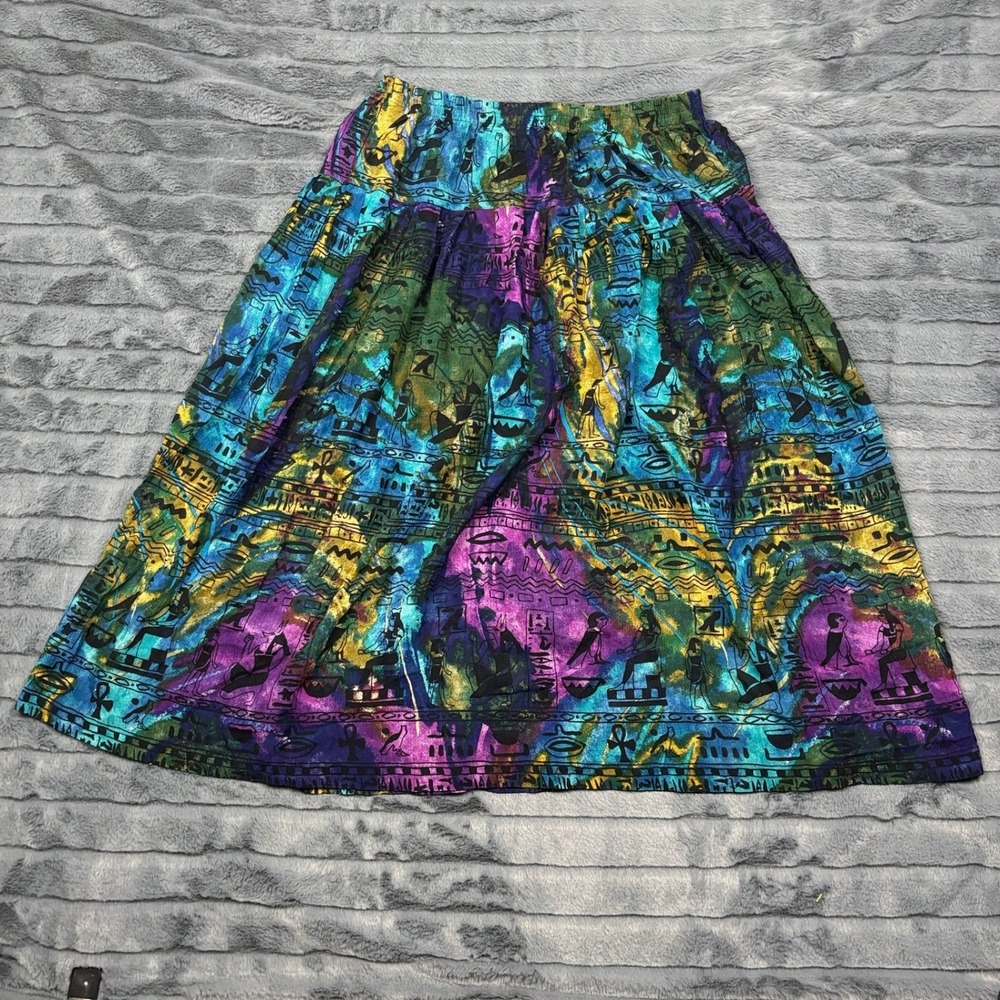 Sharon Anthony Vintage Egyptian Hieroglyphic Print Midi Skirt Purple Blue 16W